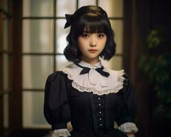 linda asiático joven niña vestido en lolita mucama vestir ai generativo foto
