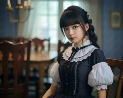 Cute asian young girl dressed in lolita maid dress AI Generative photo