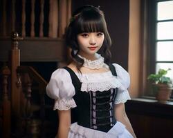 Cute asian young girl dressed in lolita maid dress AI Generative photo