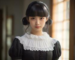 Cute asian young girl dressed in lolita maid dress AI Generative photo