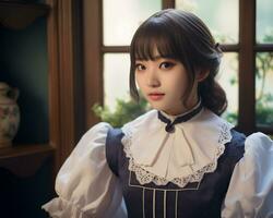 Cute asian young girl dressed in lolita maid dress AI Generative photo