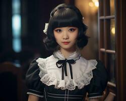 Cute asian young girl dressed in lolita maid dress AI Generative photo