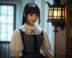 Cute asian young girl dressed in lolita maid dress AI Generative photo