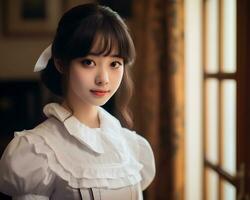 Cute asian young girl dressed in lolita maid dress AI Generative photo