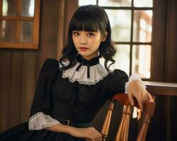 Cute asian young girl dressed in lolita maid dress AI Generative photo