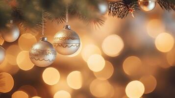 Navidad árbol rama con brillante adornos y luces ai generativo foto