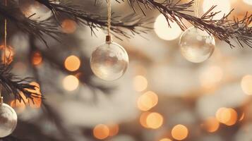 Navidad árbol rama con brillante adornos y luces ai generativo foto