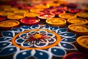 un cerca arriba imagen de intrincado rangoli modelo ai generativo foto