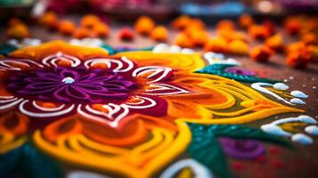 un cerca arriba imagen de intrincado rangoli modelo ai generativo foto