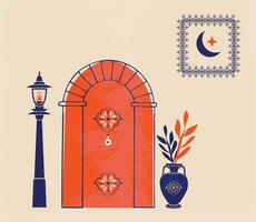 resumen arquitectura carteles sencillo geométrico. marroquí contemporáneo resumen geométrico. islámico árabe oriental estilo ventanas, puertas, escalera y arcos póster conjunto medio siglo vector imagen.