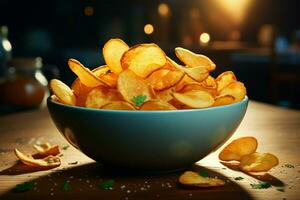 Bowl filled with crispy and savory potato chips for snacking AI Generated photo