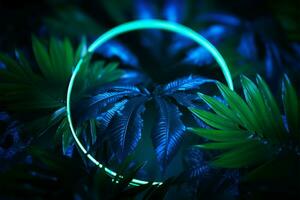Blue and green neon light enhances the allure of tropical leaves AI Generated photo