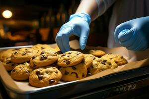 Bright backpacked baker dons gloves for making chocolate chip cookies AI Generated photo