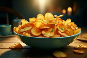 Bowl filled with crispy and savory potato chips for snacking AI Generated photo