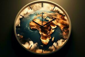 Continents heat up within a clock, symbolizing the global warming dilemma AI Generated photo