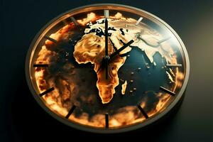 Clock face illustrates global warming as continents heat up dramatically AI Generated photo