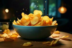 Bowl filled with crispy and savory potato chips for snacking AI Generated photo