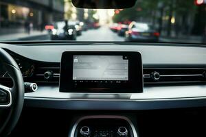 Digital display screen mockup on the dashboard of a contemporary car AI Generated photo