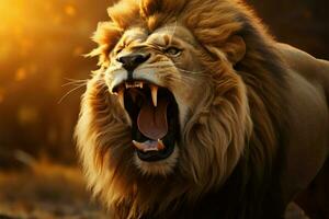 A fierce lion, the jungles regal monarch, roars with power AI Generated photo