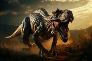 Fierce T rex dinosaur bellows in ancient plains, displaying sharp fangs AI Generated photo