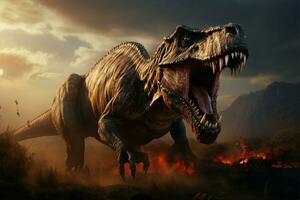 feroz t rex dinosaurio fuelle en antiguo llanuras, mostrando agudo colmillos ai generado foto
