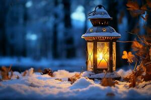 A lantern in the winter snow, offering a gentle, inviting light AI Generated photo