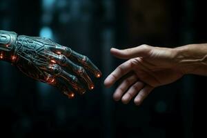 Human and robot fingers touch, symbolizing harmonious coexistence of technology AI Generated photo