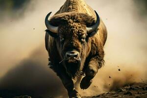 en un de cerca vista, un salvaje bisonte galopa con majestuoso fuerza ai generado foto
