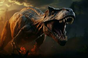 In the prehistoric wilderness, a roaring T rex exhibits its razor sharp teeth AI Generated photo