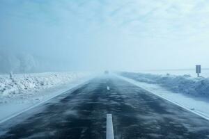 Low visibility on a snow covered highway due to winter fog AI Generated photo