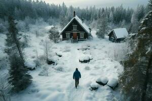 Man amidst Swedish winter cabins, as seen from a drone AI Generated photo