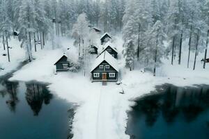 Man amidst Swedish winter cabins, as seen from a drone AI Generated photo