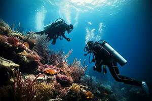 marina científicos trabajo como un equipo a reanimar un dañado coral arrecife ecosistema ai generado foto