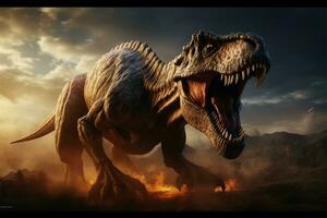 poderoso tiranosaurio rex domina antiguo llanuras con amenazador, agudo dientes ai generado foto