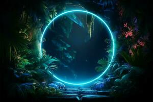 Neon lights cast a lush, tropical ambiance with greenery and blue AI Generated photo