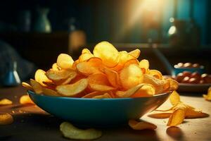 Potato chips in a bowl, an irresistible crunchy treat awaits AI Generated photo