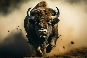 Powerful wild bison running captured in a stunning closeup shot AI Generated photo