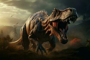 Roaring T rex in prehistoric landscape, showcasing its menacing, sharp teeth AI Generated photo