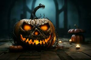 A pumpkins eerie grin sets a scary tone for Halloween AI Generated photo