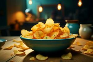 Satisfying snack a bowl brimming with delicious potato chips AI Generated photo