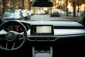 pulcro blanco tablero con un digital monitor pantalla en un moderno coche Bosquejo ai generado foto