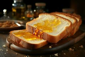 Slices of bread in the kitchen, adorned with sweet, amber honey AI Generated photo