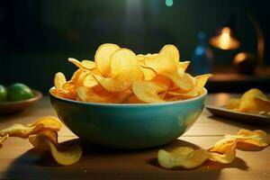 Potato chips in a bowl, an irresistible crunchy treat awaits AI Generated photo