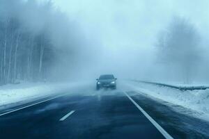 Snowfall and dense fog reduce visibility on the winter highway AI Generated photo