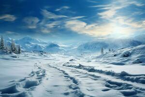 Snowy landscape offers a backdrop of vast, serene winter space AI Generated photo