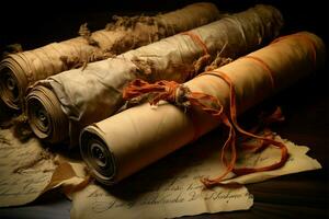 Tattered old scrolls preserve the wisdom of generations past AI Generated photo