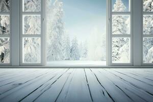 Through the white wooden window, a peaceful winter landscape emerges AI Generated photo