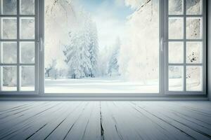 mediante el blanco de madera ventana, un pacífico invierno paisaje emerge ai generado foto