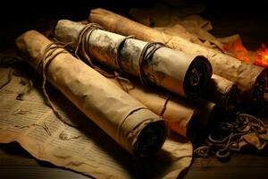 Time worn and aged, the scrolls whisper tales of historys mysteries AI Generated photo