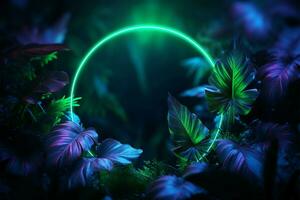 Tropical leaves shine under the enchanting glow of blue and green neon AI Generated photo